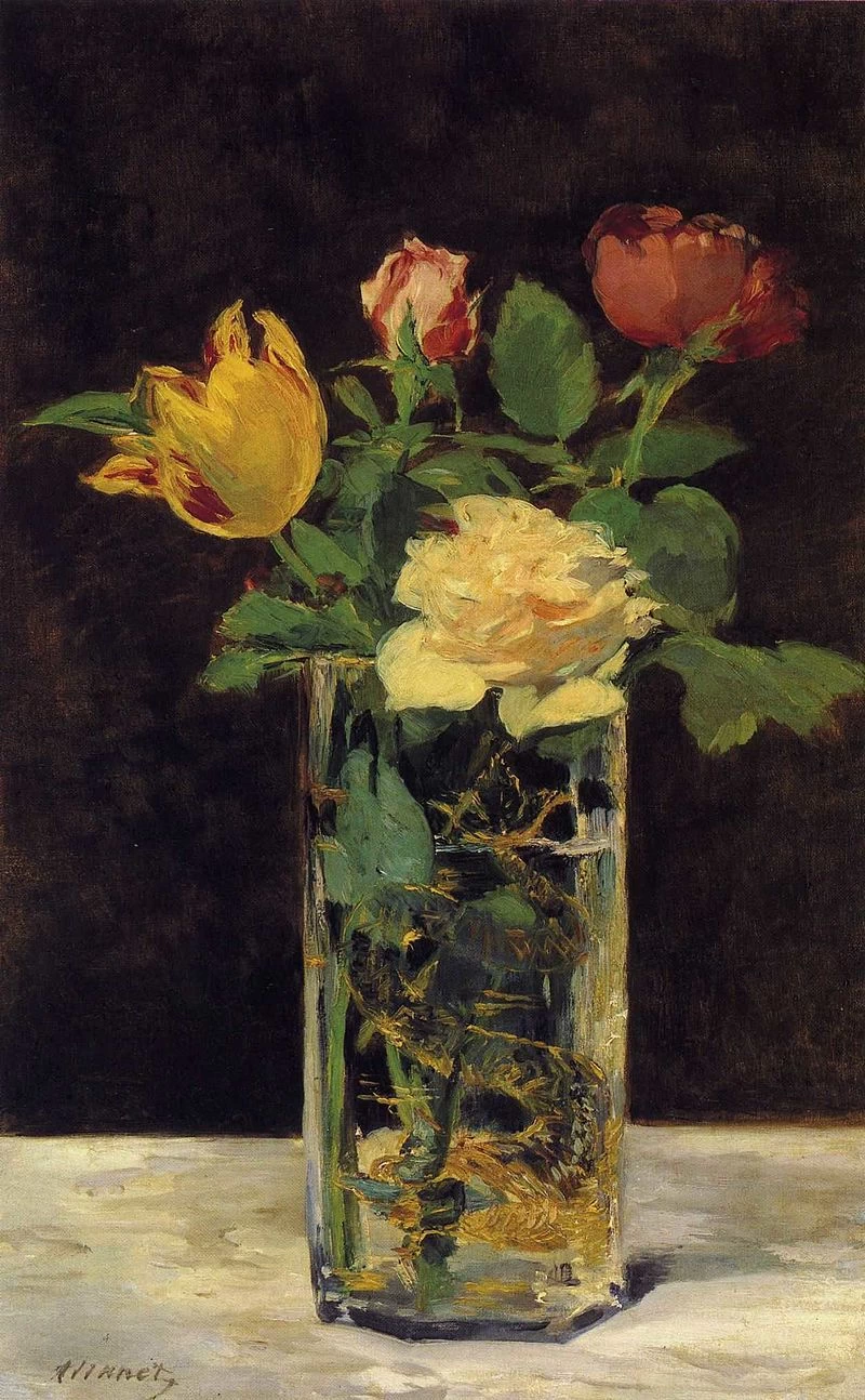 320-Édouard Manet, Rose e tulipani in un vaso di vetro, 1883 